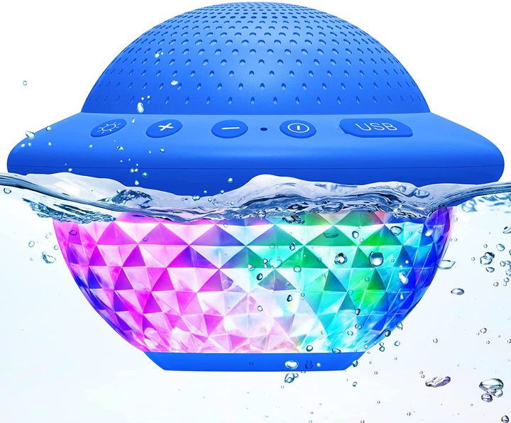 Altifalante sem fios para duche à prova de água IPX7 com luz RGB, altifalante flutuante para piscina portátil para exterior com microfone incorporado e suporte para cartão TF