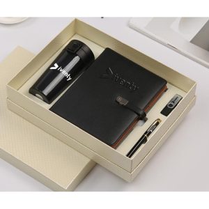 Conjunto de bloco de notas em pele e unidade flash USB de 16 GB com caneta executiva e copo de vácuo