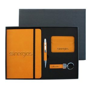 PU Leather Notebook & Pen Set with Leather Keychain & Card Wallet