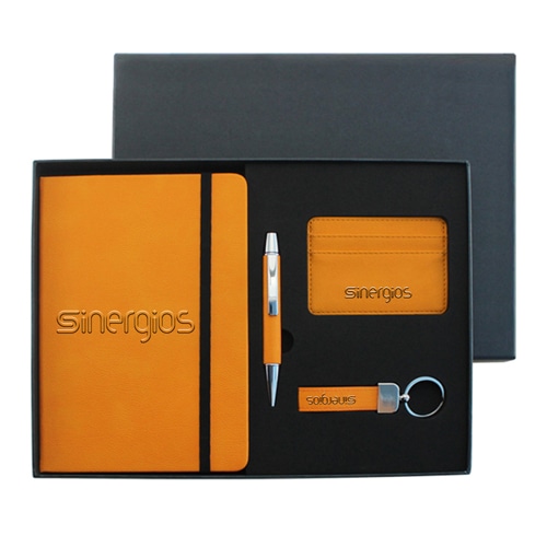 PU Leather Notebook & Pen Set with Leather Keychain & Card Wallet