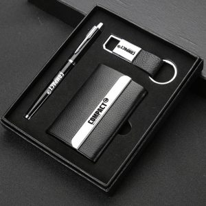 Leather Card Holder with Pen and Keychain