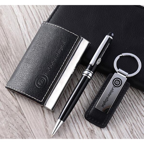 Promotional Leather Card Holder & Keychain Gift Set with Pen